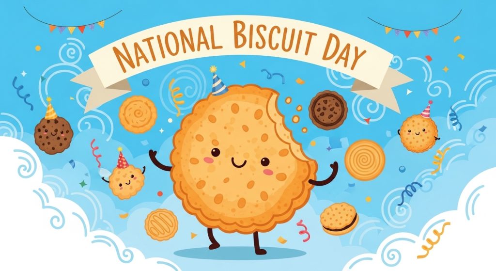 National Biscuit Day Banner with Cheerful Cookie Characters and Party Confetti - Feature Image May 640 1