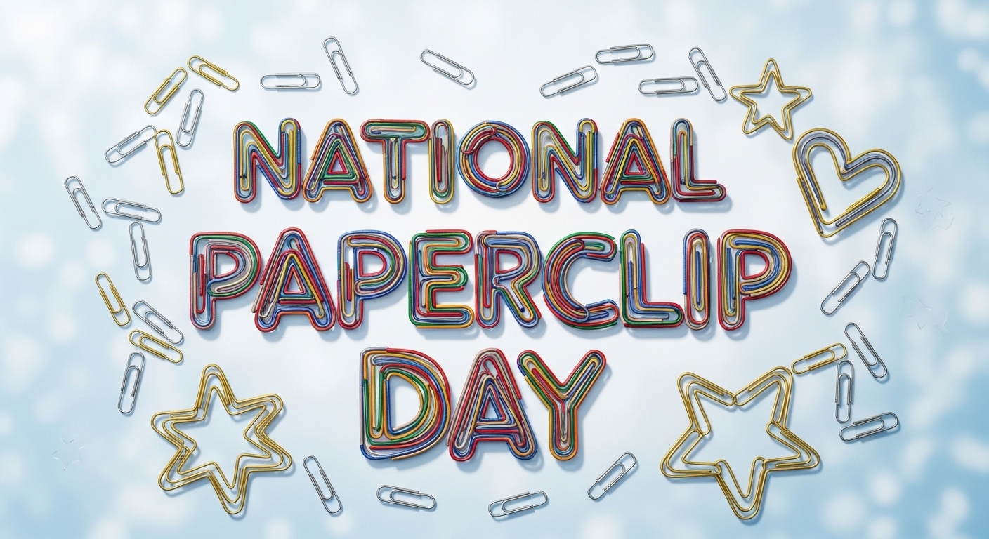National Paperclip Day Text Art from Colorful Office Fasteners with Scattered Clips - Feature Image May 643