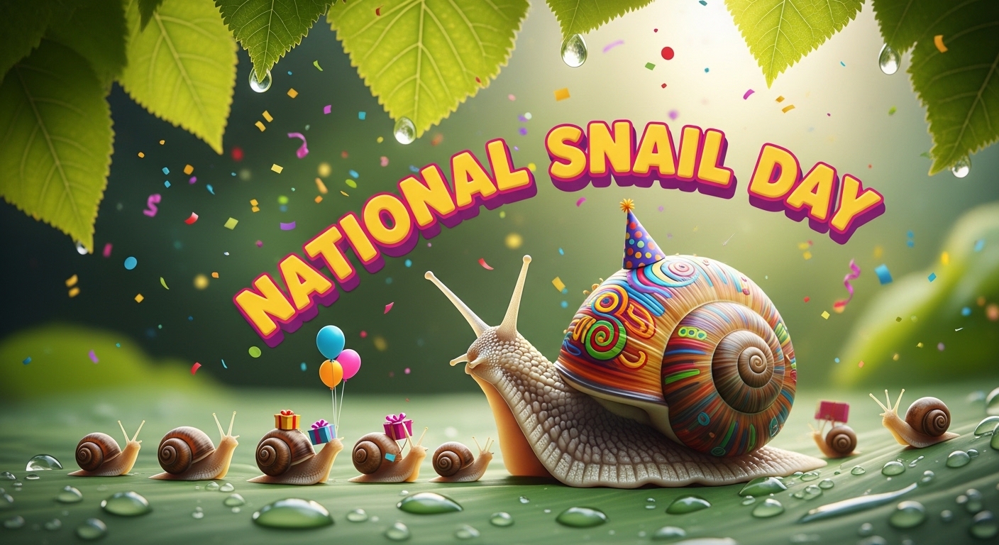 National Snail Day Festivities: Colorful Snails, Confetti, Gifts & Balloons on Green Leaf - Feature Image May 644