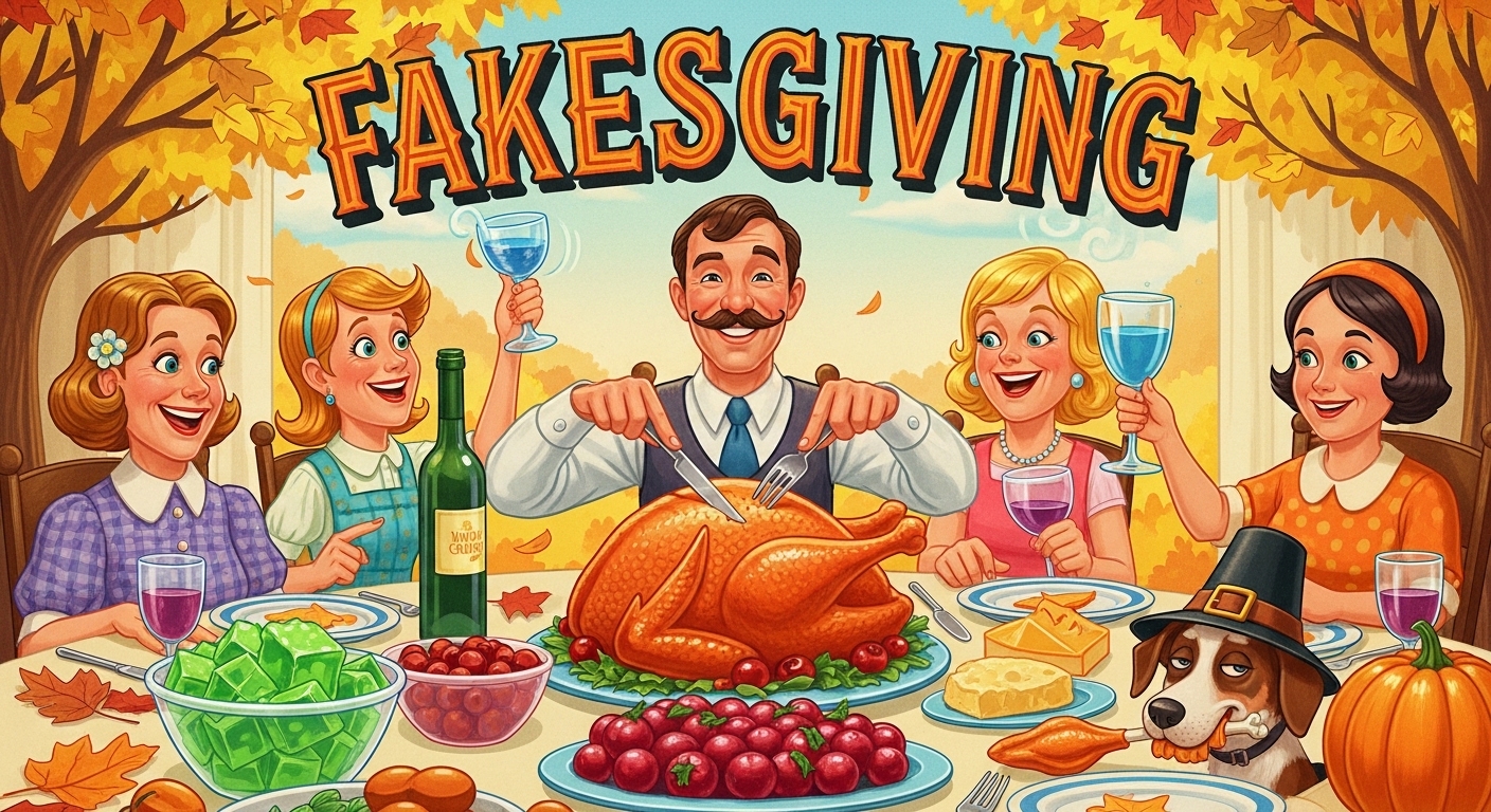Retro Fakesgiving Dinner Illustration with Happy Family and Turkey - Feature Image May 647