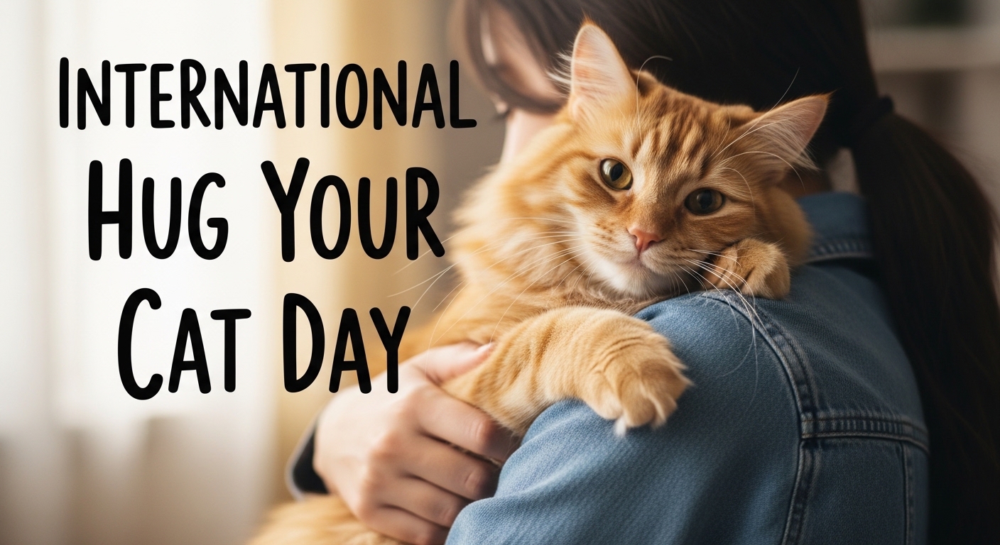 International Hug Your Cat Day. Person gently holding a fluffy orange feline pet. - Feature Image May 648