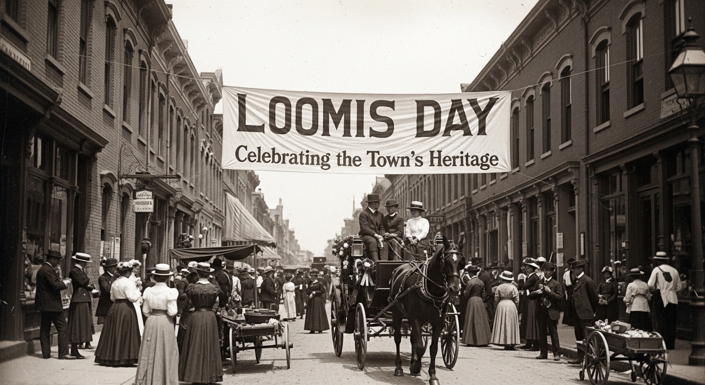 Loomis Day Celebration: Townspeople and Horse-Drawn Carriage on Main Street, Early 1900s - Feature Image May 649