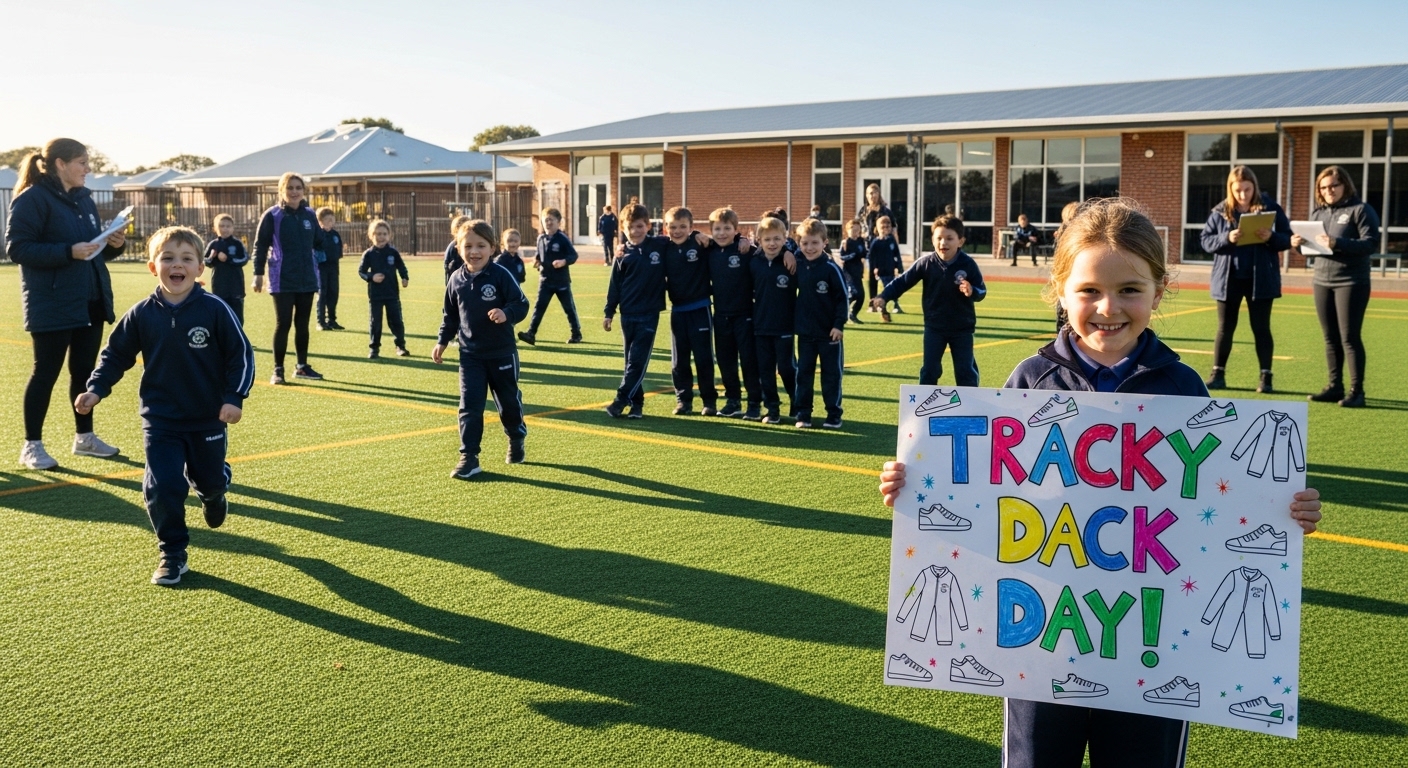 Happy School Girl Holds 'Tracky Dack Day!' Sign with Classmates on Sports Field - Feature Image May 653