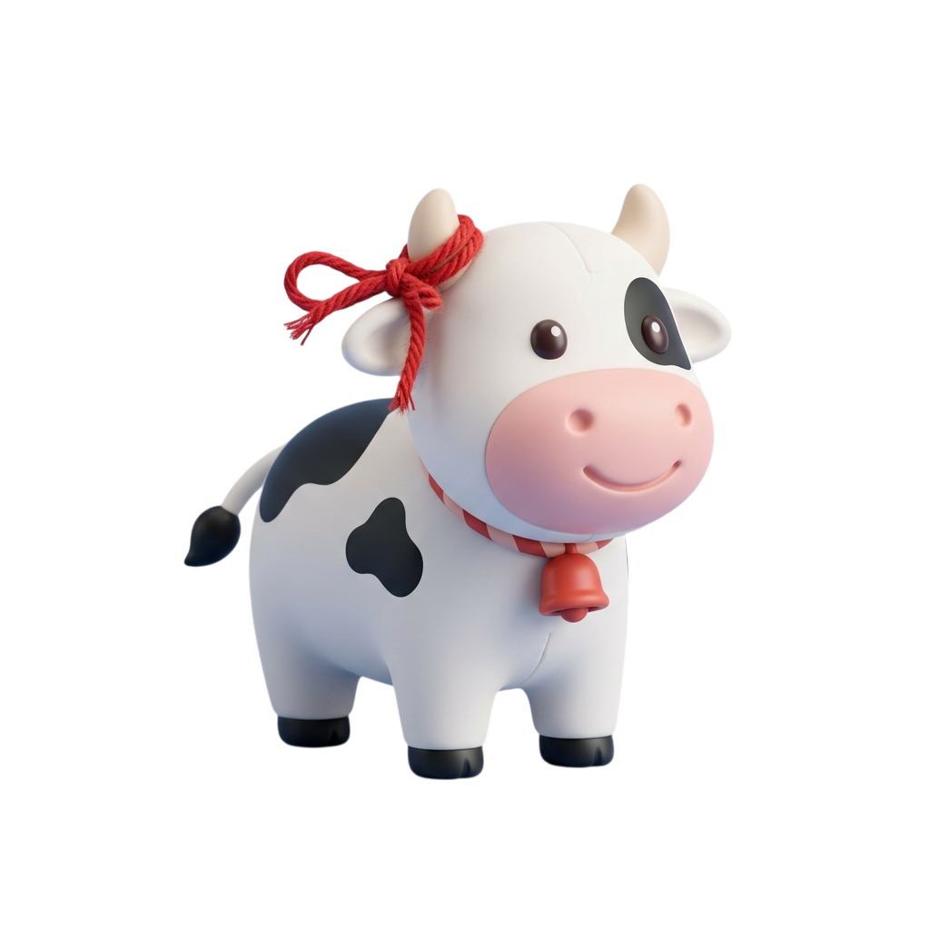 A white cow figurine with black spots, a red bow and bell