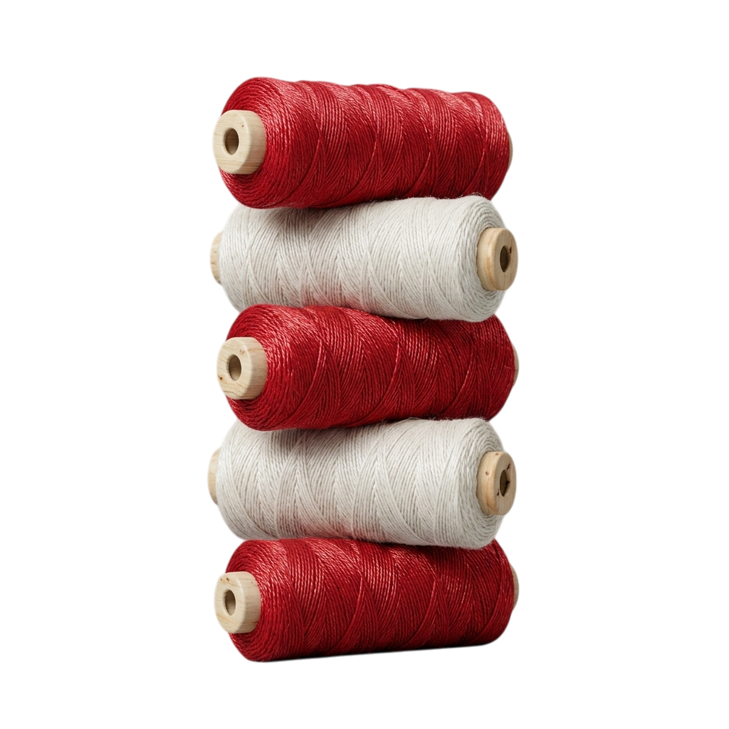 Six spools of thread stacked vertically, alternating between red and white