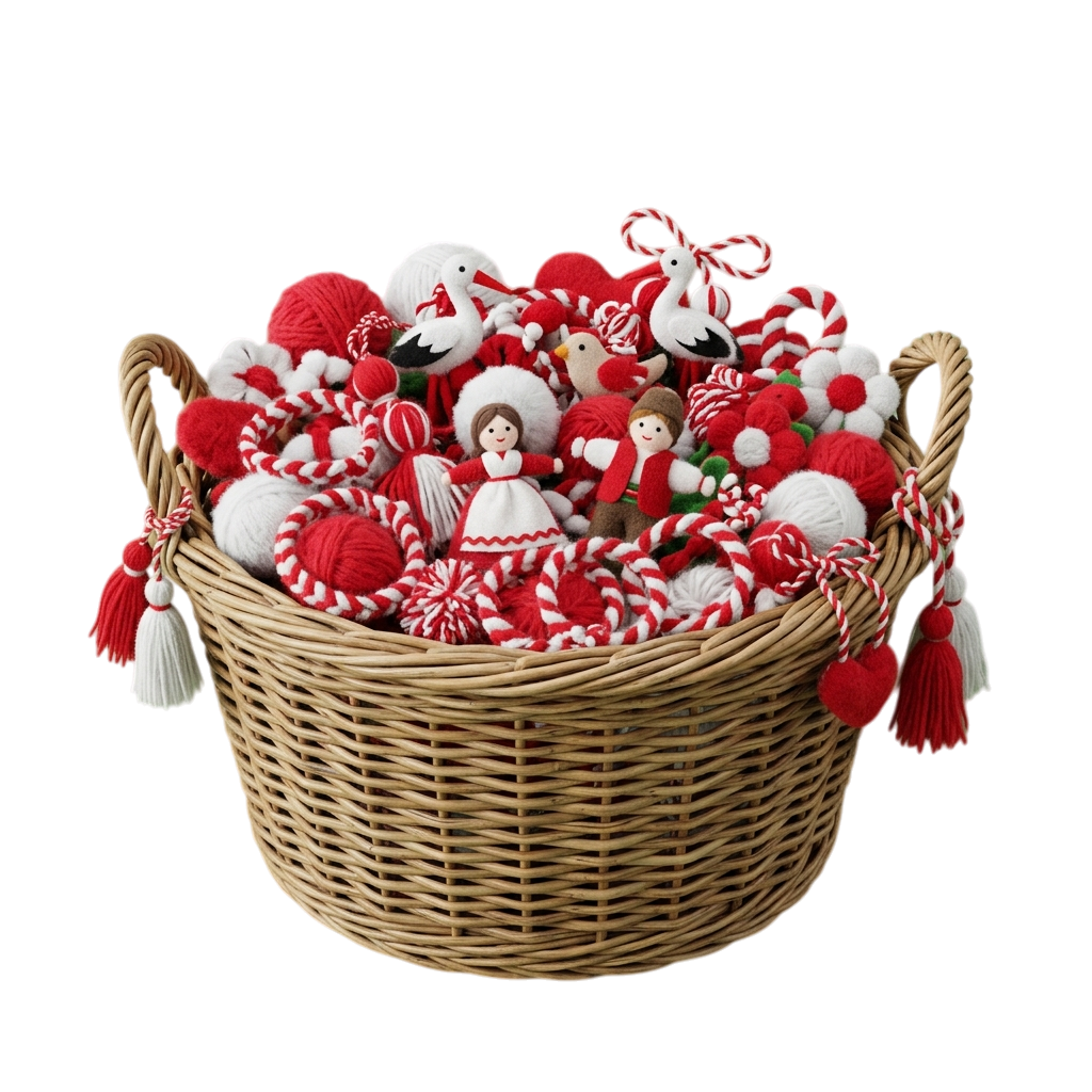 A wicker basket filled with red and white Christmas ornaments