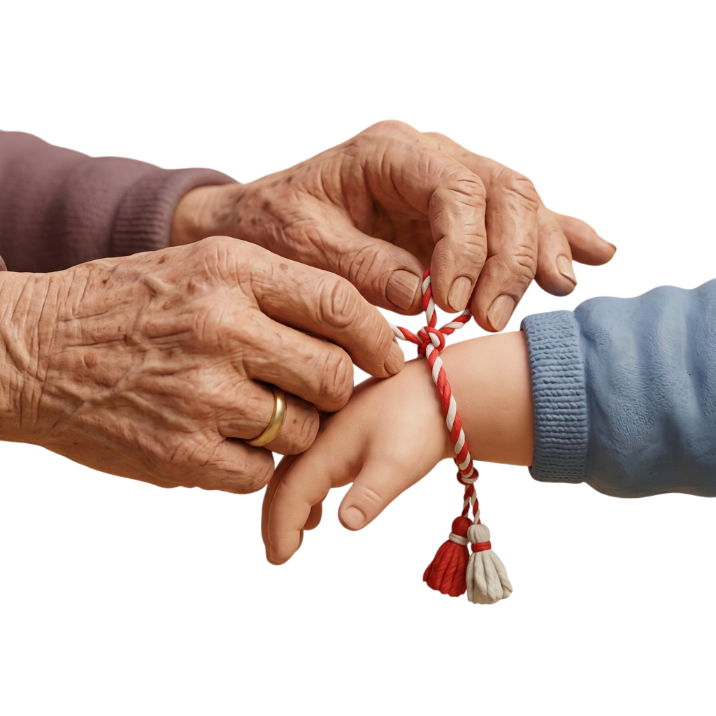 Two elderly hands putting a red and white cord on a child's wrist