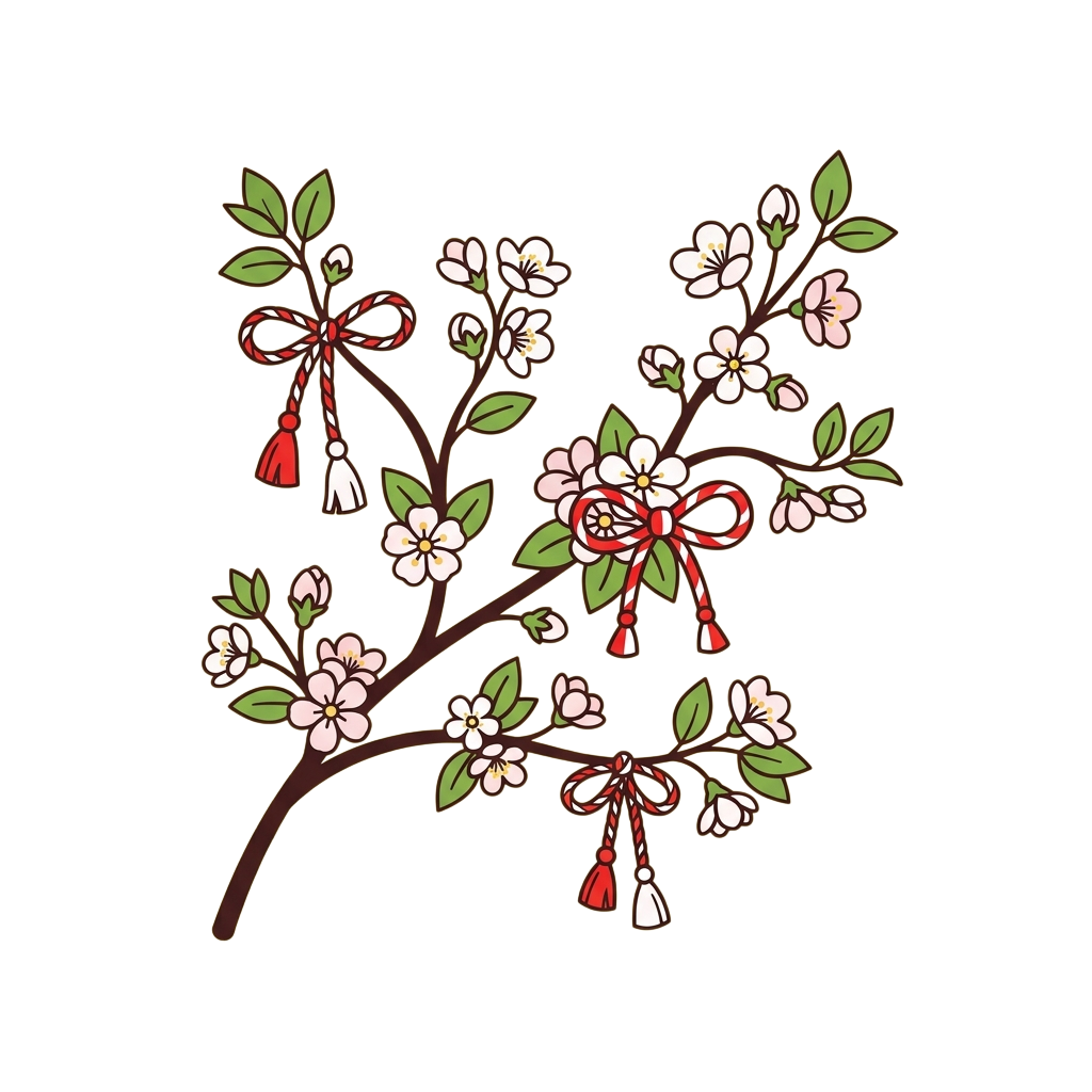 An illustration of a cherry blossom branch with green leaves and white flowers adorned with red and white bows and tassels on a black background
