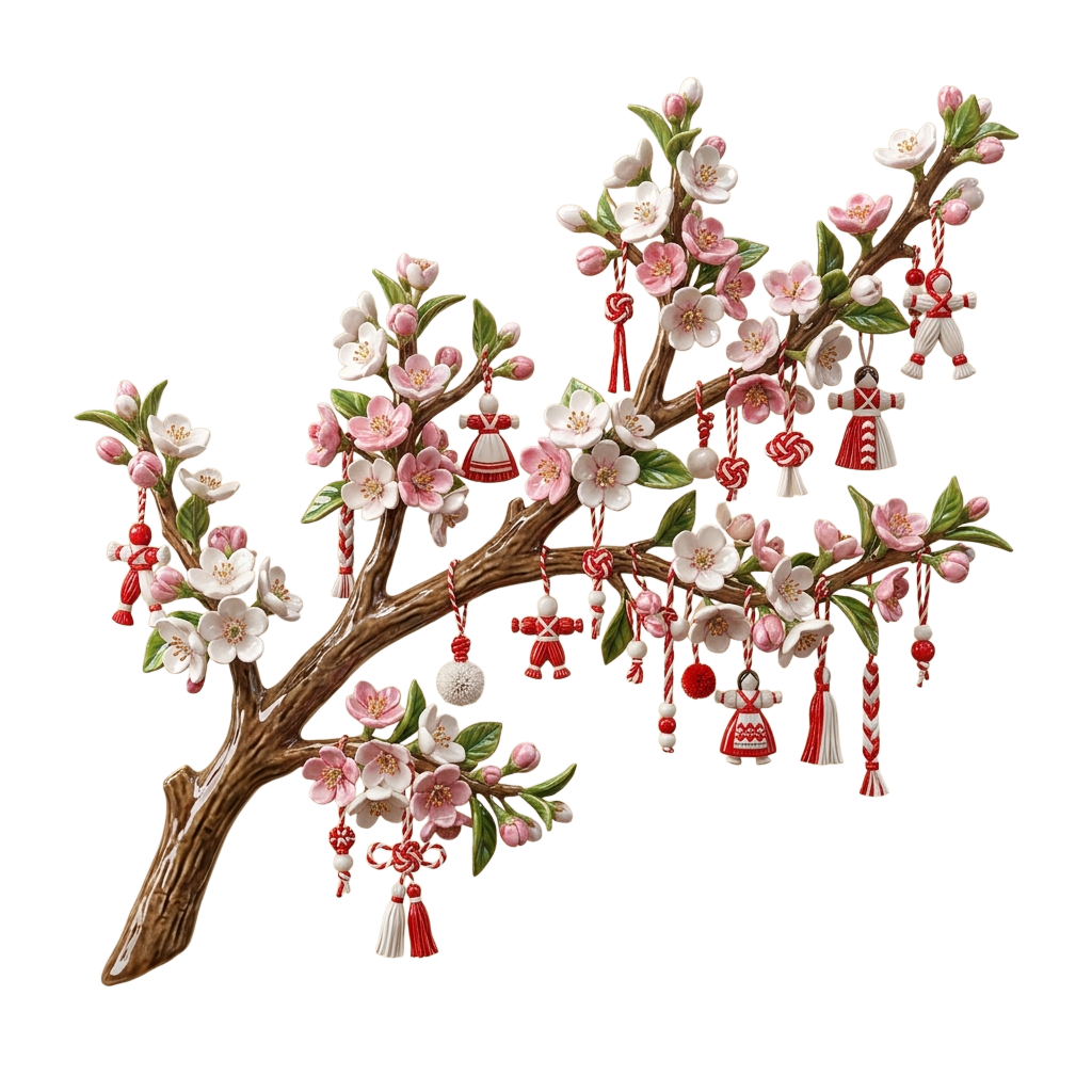 a tree branch with pink and white flowers and hanging ornaments