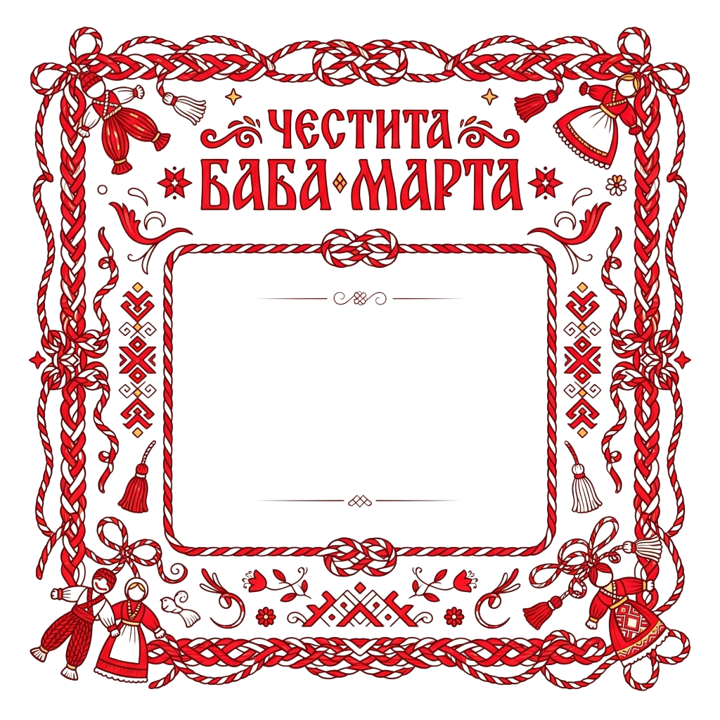 A red and white illustration of a square frame with Bulgarian folk design elements and text in Cyrillic script on a black background