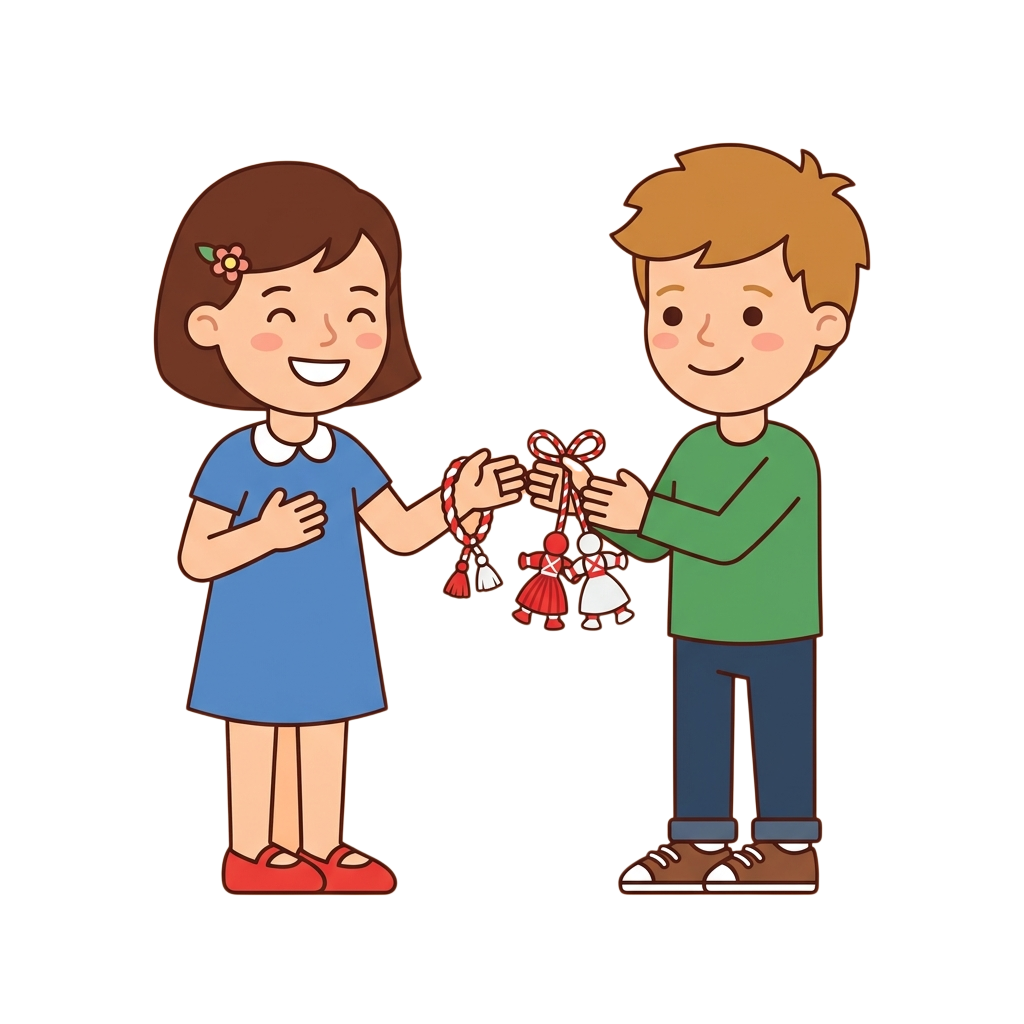 cartoon girl and boy smiling and exchanging gifts