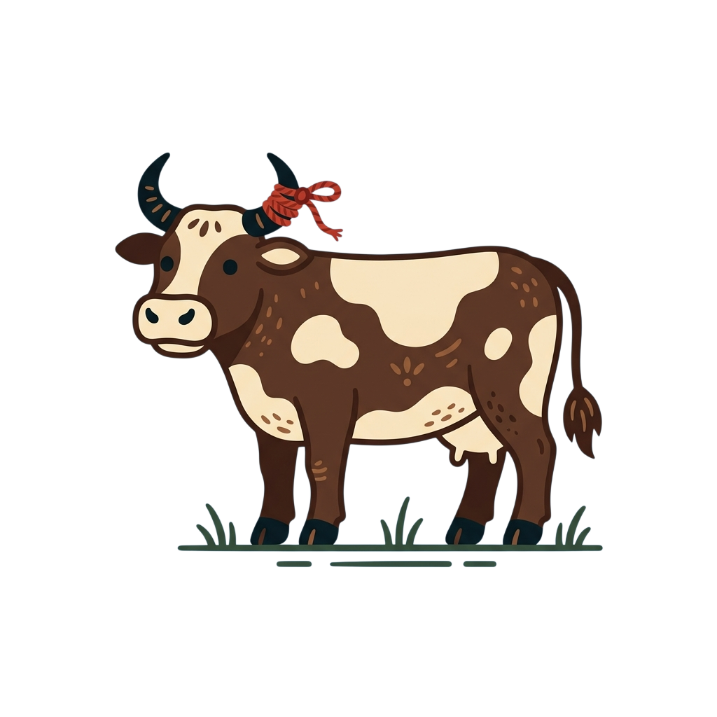 A cartoon cow with brown and white spots and a red rope on its horns