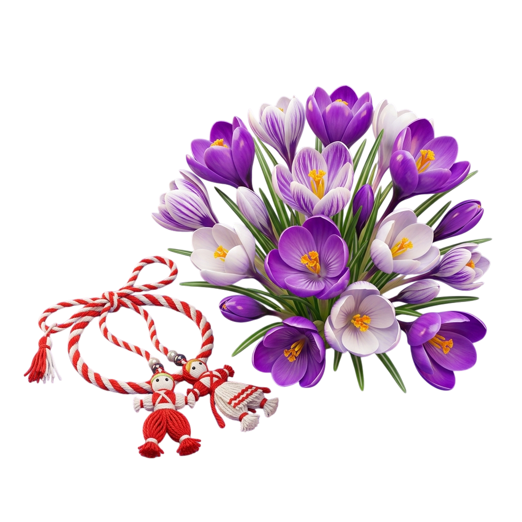 A bouquet of purple and white flowers next to two small red and white dolls