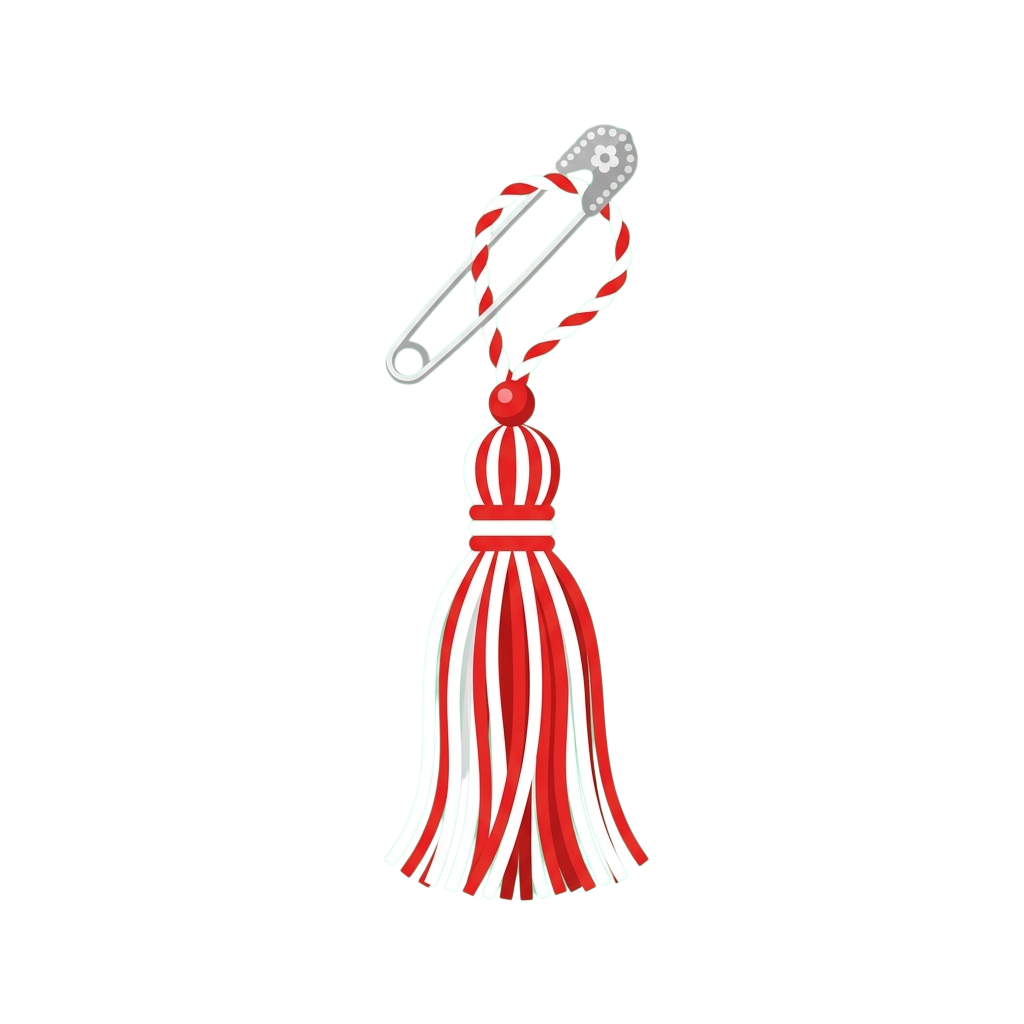 A red and white striped tassel attached to a safety pin