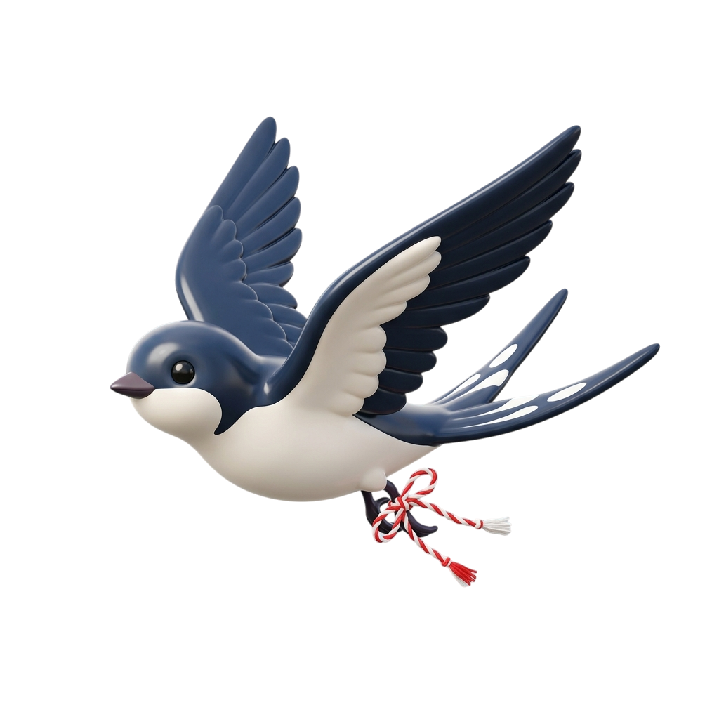 A blue and white bird in flight with a red and white ribbon tied to its leg