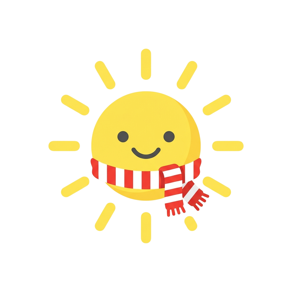 A cartoon sun wearing a red and white striped scarf