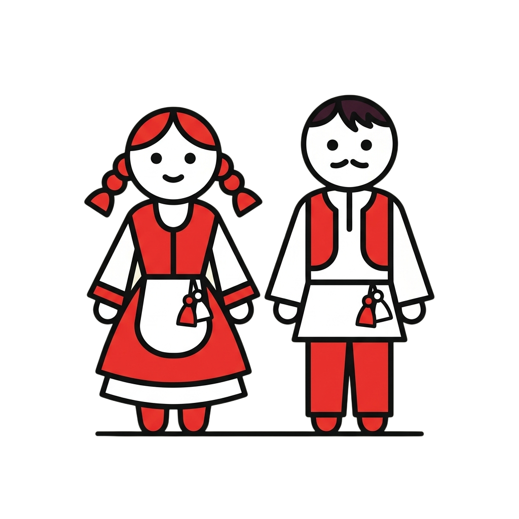 Two cartoon children, a girl and a boy, wearing traditional red and white outfits