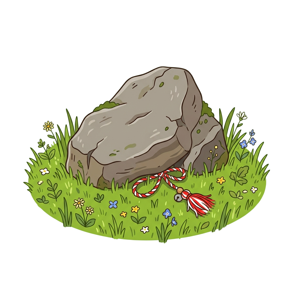 A cartoon illustration of a large gray rock on green grass with colorful flowers and a red and white cord