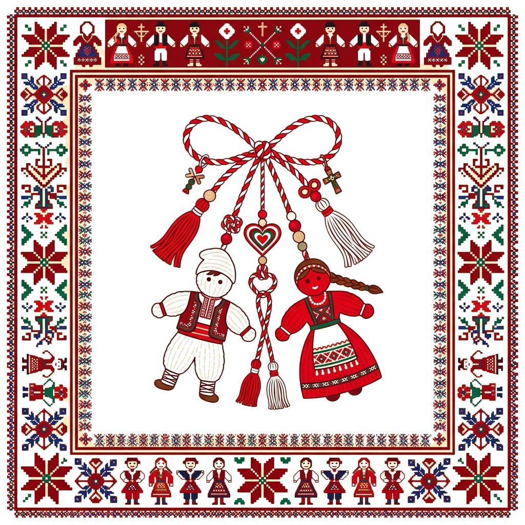 Embroidered image of a couple in traditional dress hanging from a bow