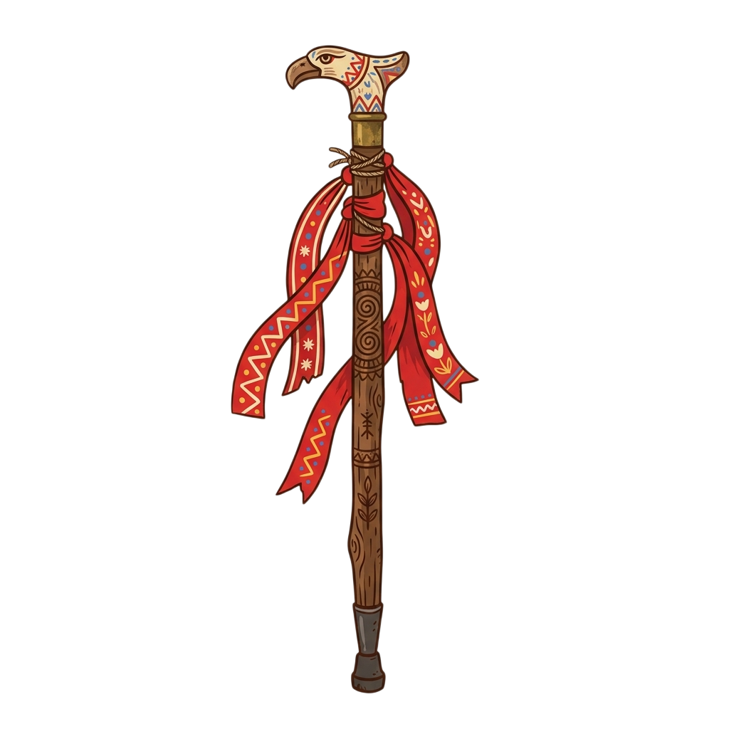 a brown walking stick with a bird head handle and red ribbons