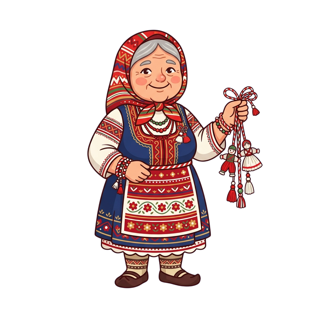 Cartoon woman in traditional dress holding dolls