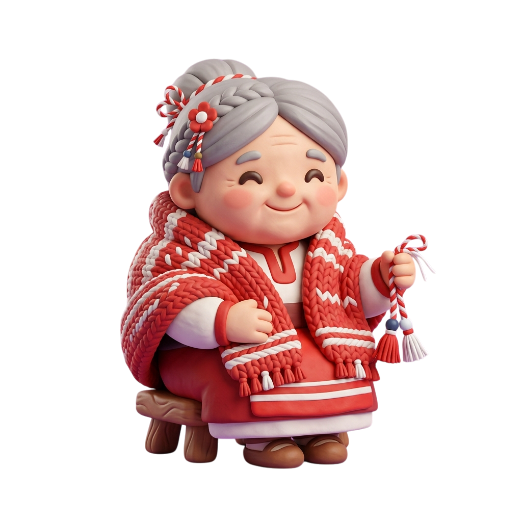 A smiling elderly woman with gray hair and a red winter outfit