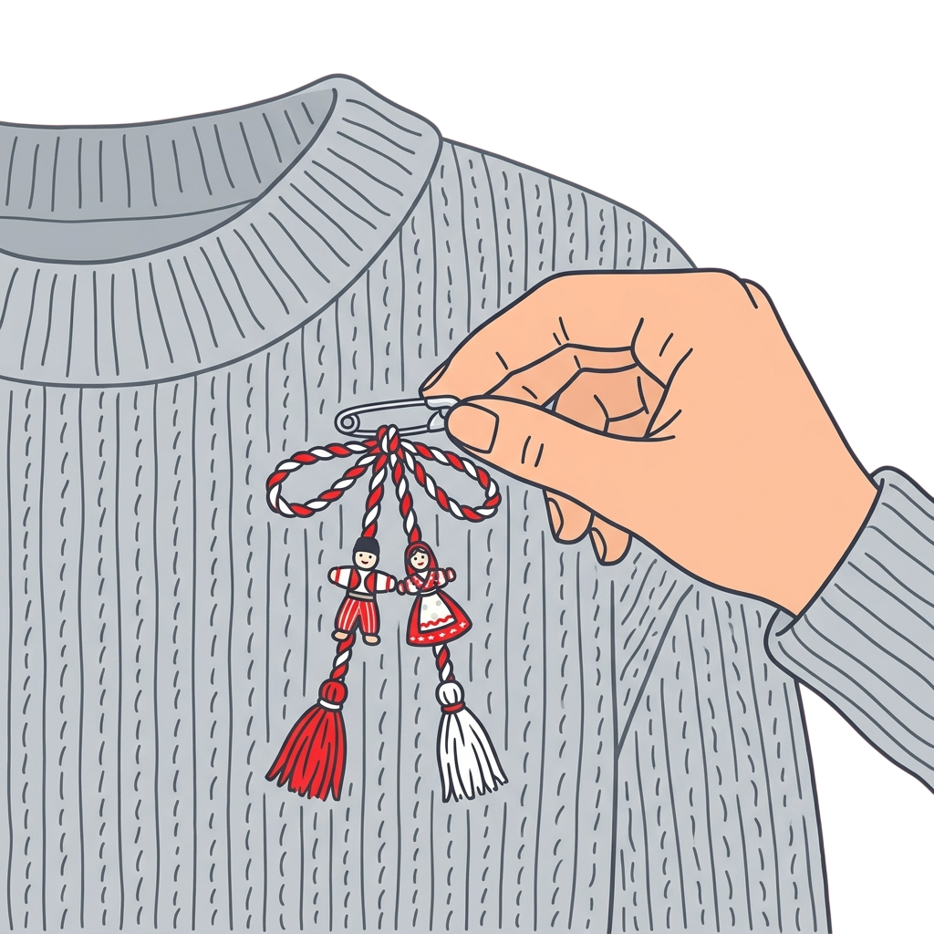 A hand holding a red and white tassel keychain with two small dolls attached