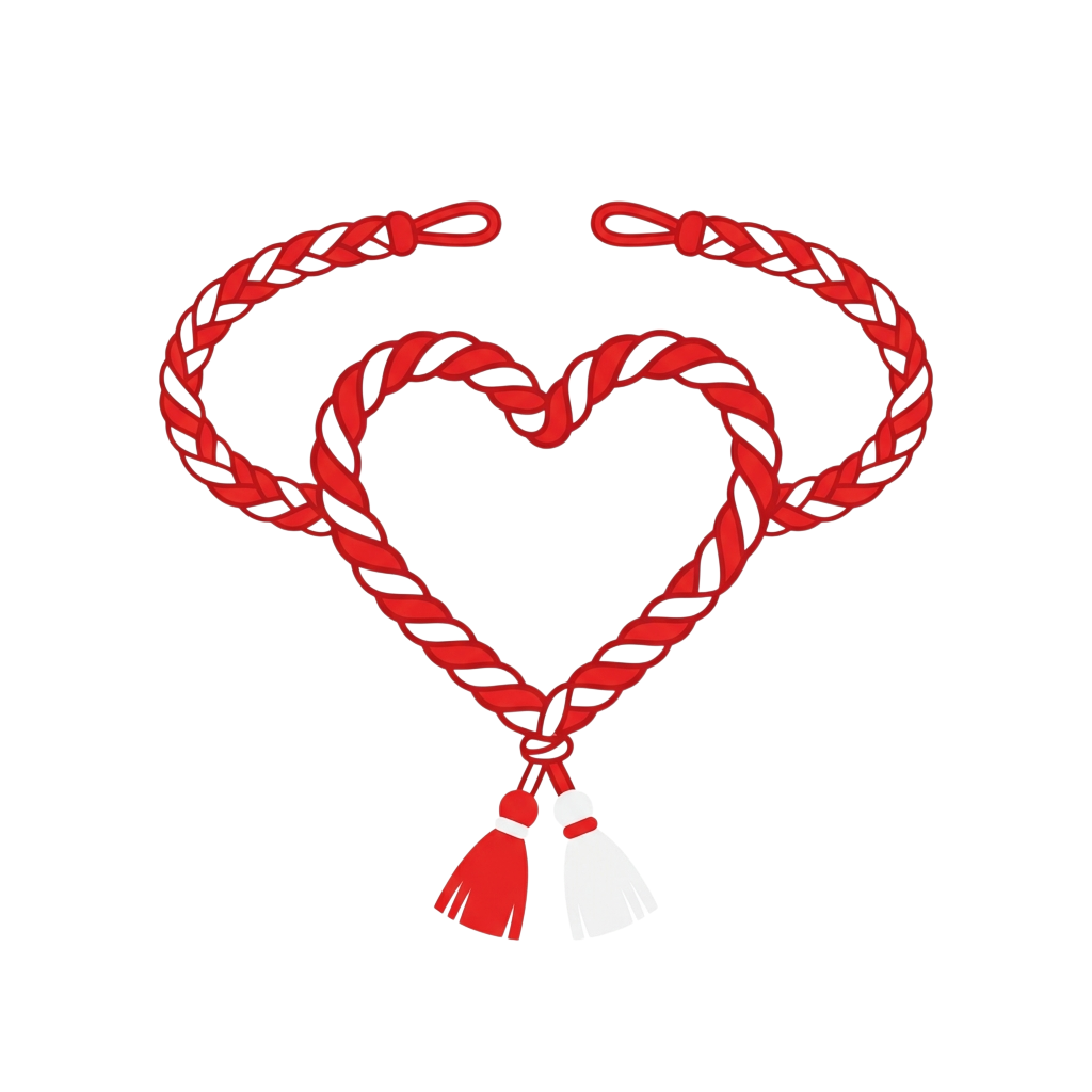 Red braided cord in heart shape with red and white tassels