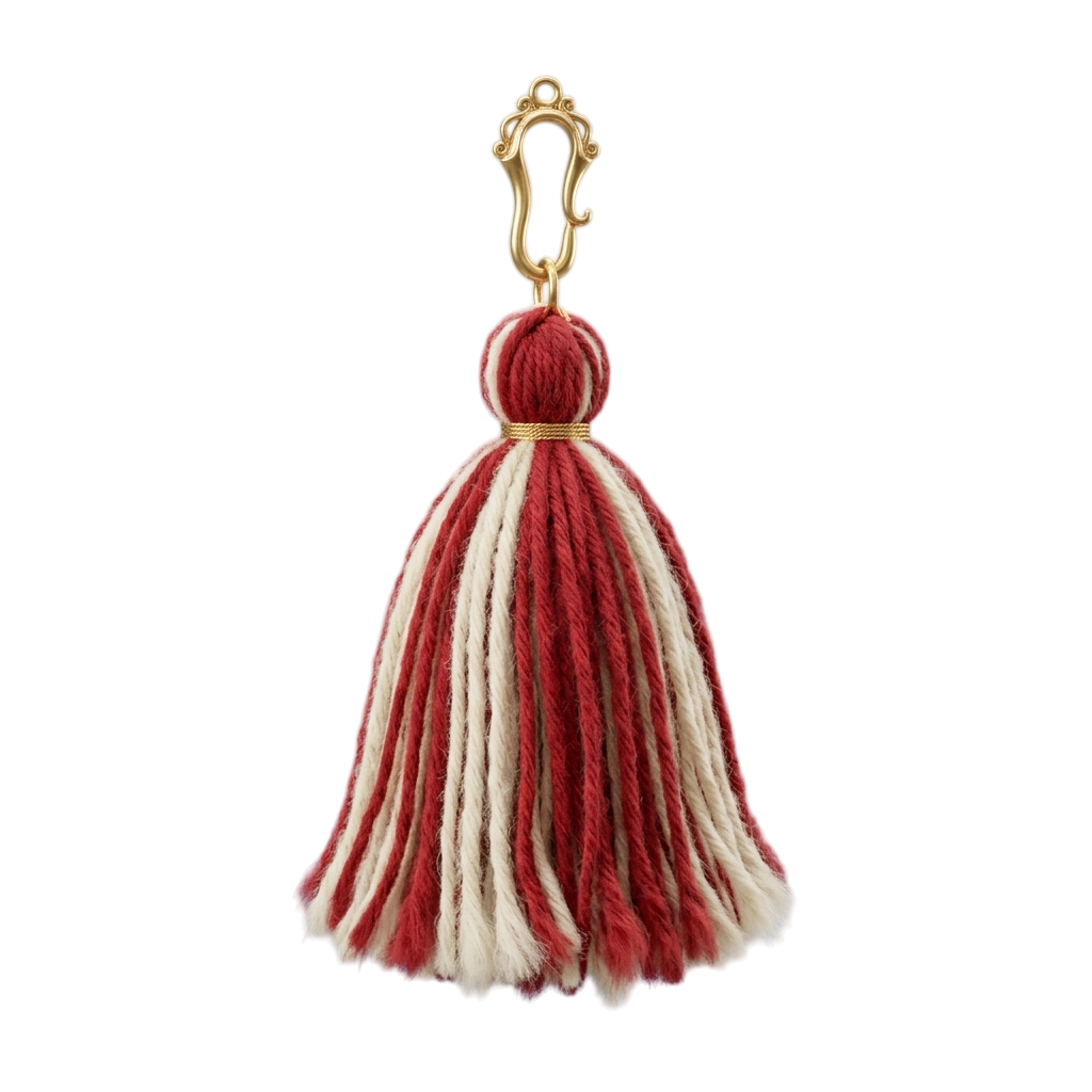 A red and white tassel with a gold clasp