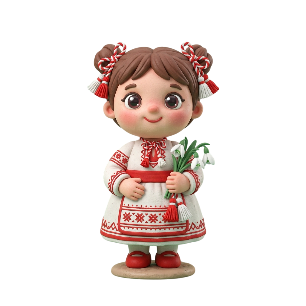 A cartoon girl with brown hair in pigtails wearing a white and red dress