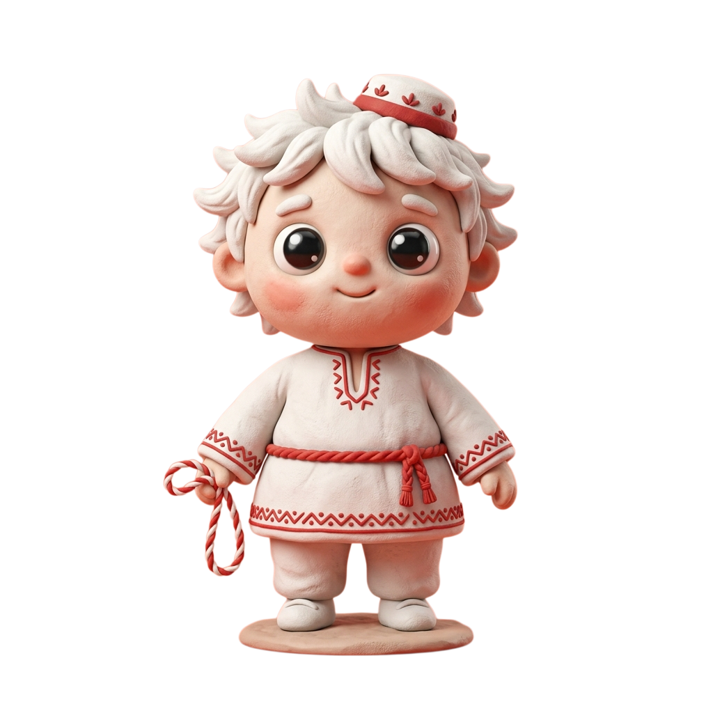 A cartoon child with white hair wearing traditional clothing