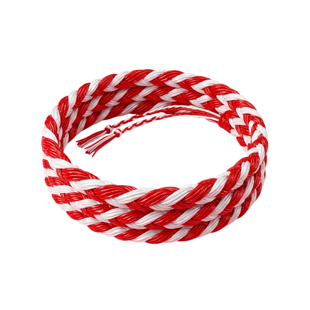 A red and white braided rope coiled into a circle
