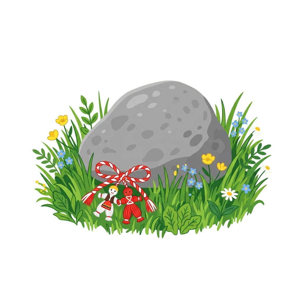 Two traditional dolls on grass with flowers and a large gray rock
