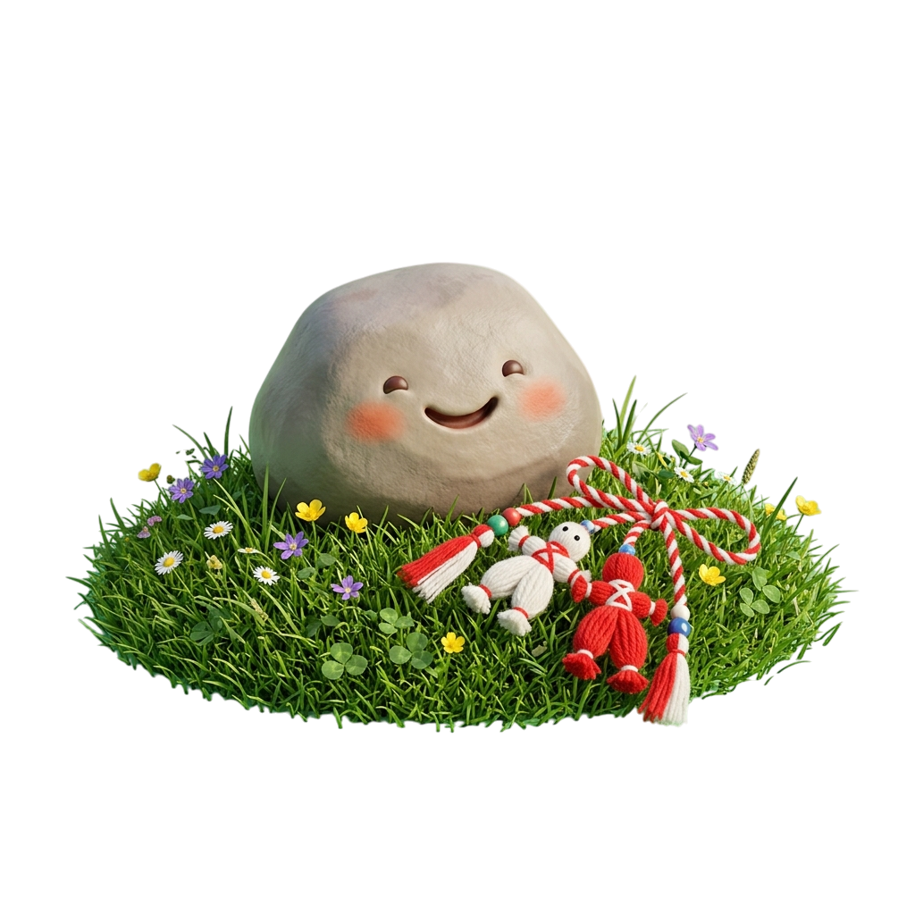 A smiling stone creature sitting on green grass with colorful flowers and two small dolls