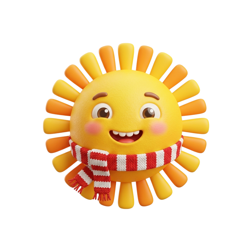 A cartoon sun with a smiling face and a red and white striped scarf