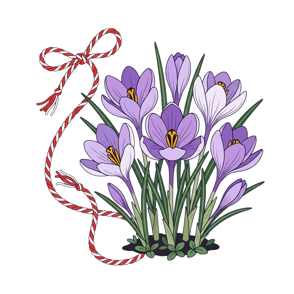 An illustration of purple and white crocus flowers with green stems and leaves, accompanied by a red and white rope