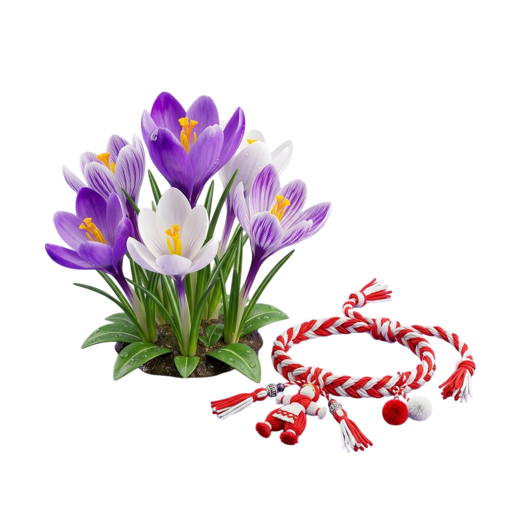 Purple and white crocus flowers with green leaves and a red and white evil eye bracelet