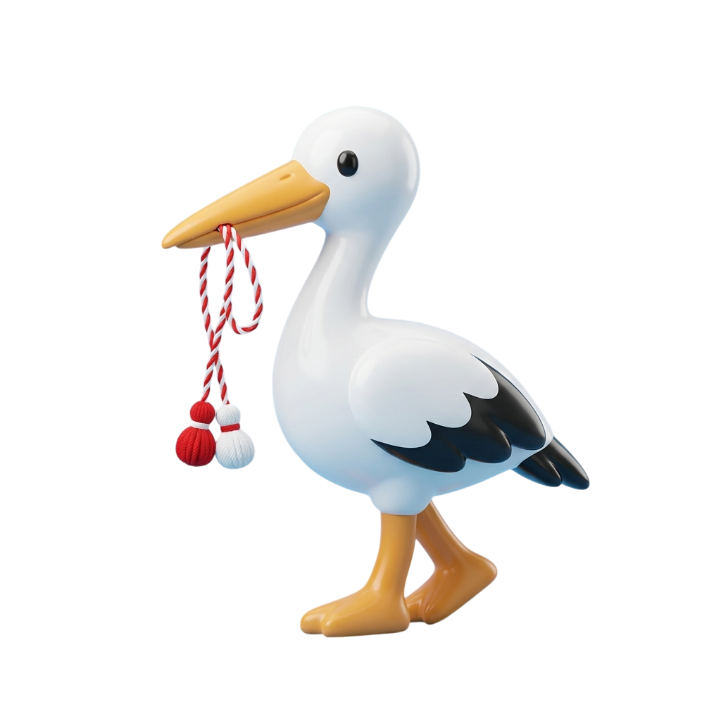 A white stork toy with yellow beak and legs, holding red and white cords