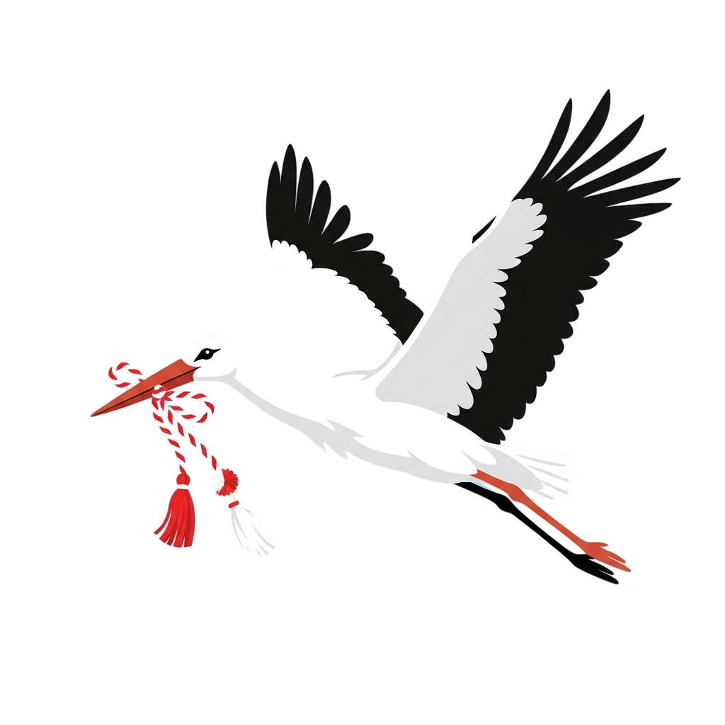 A white stork in flight carrying a red and white cord with tassels