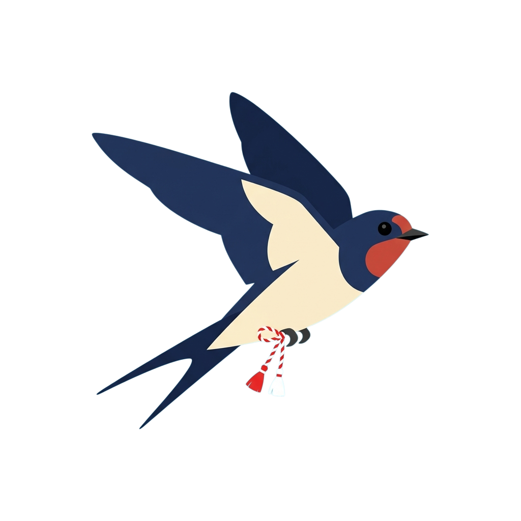 A cartoon swallow bird with blue wings and white underbelly flying with red and white tassels