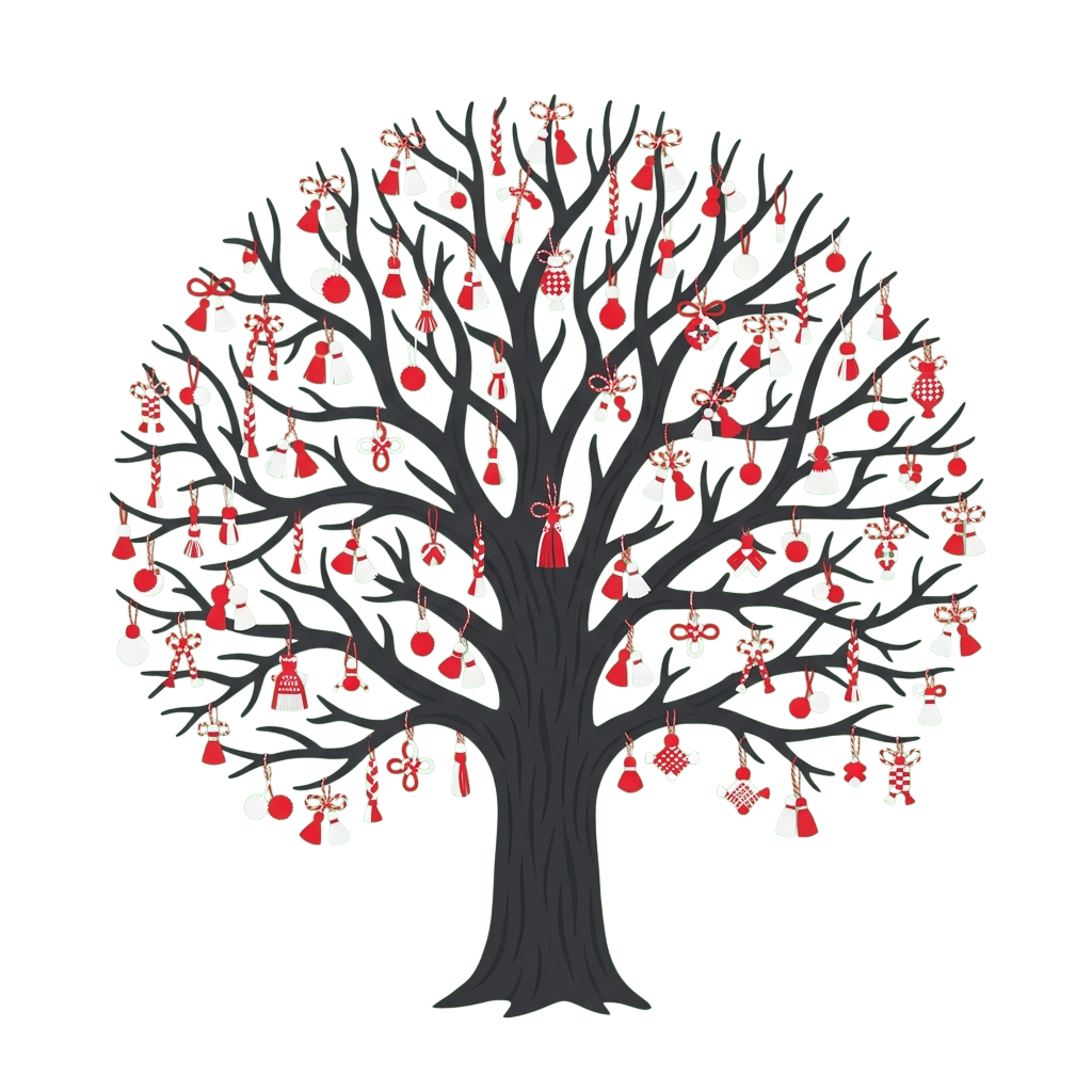 A tree with red and white Christmas ornaments hanging on its branches