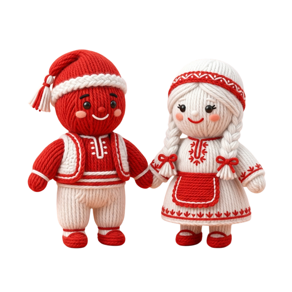 Two knitted dolls, one male and one female, dressed in red and white winter clothing