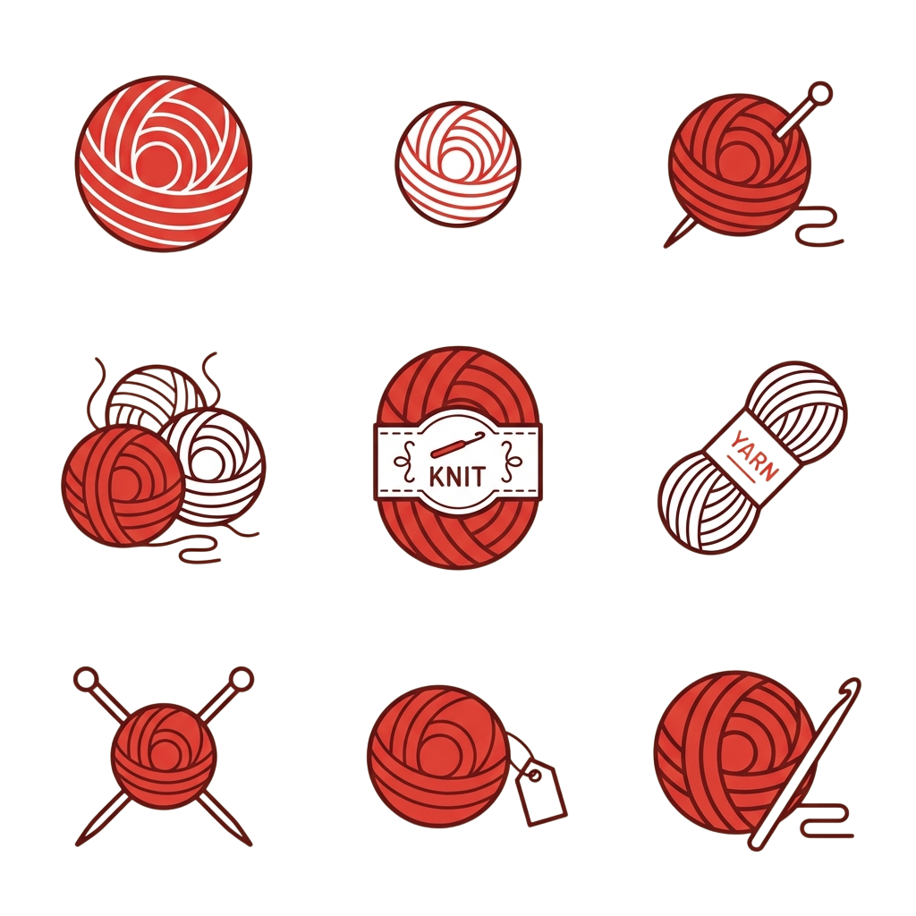 nine red and white yarn balls with knitting needles on black background