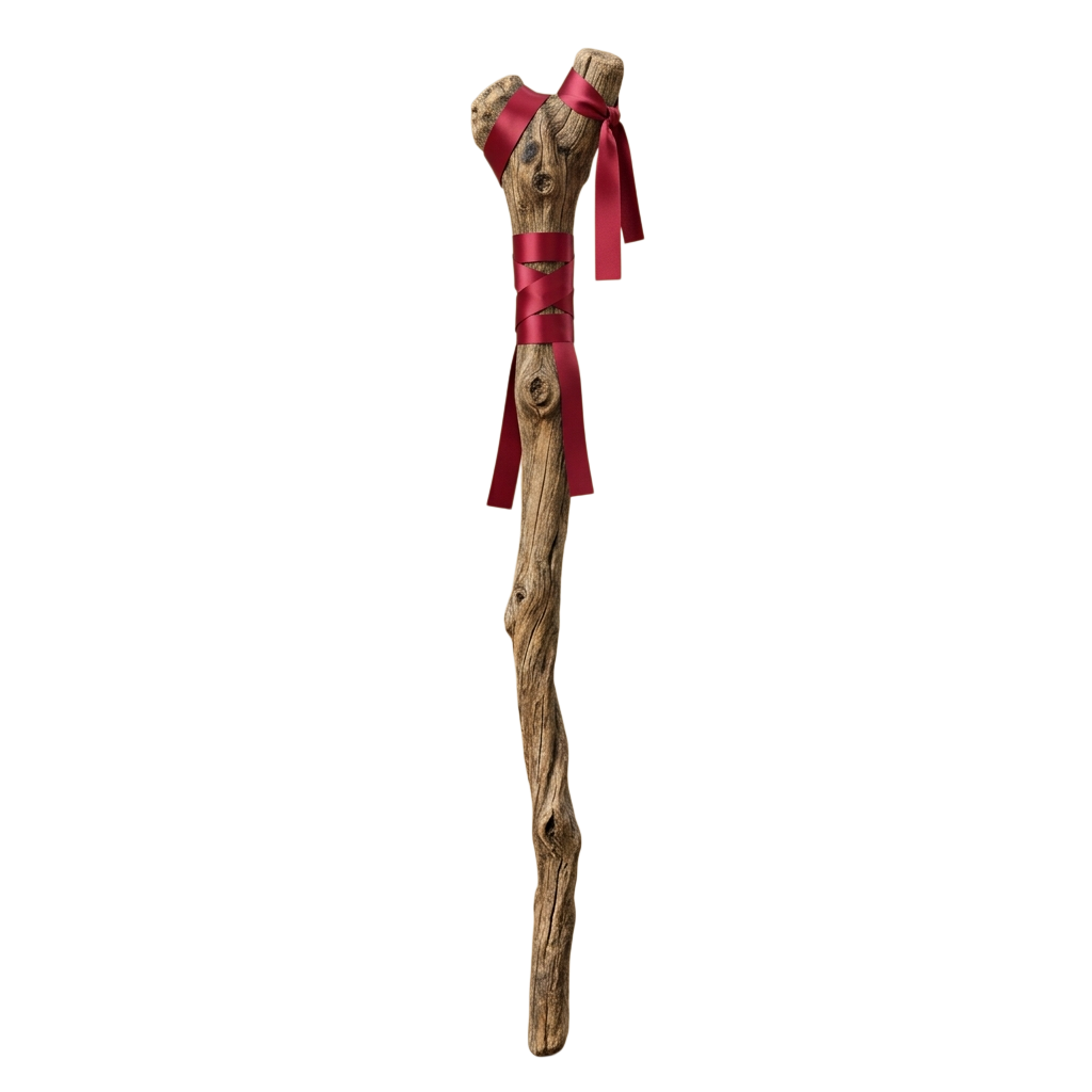 A wooden walking stick wrapped with a red ribbon