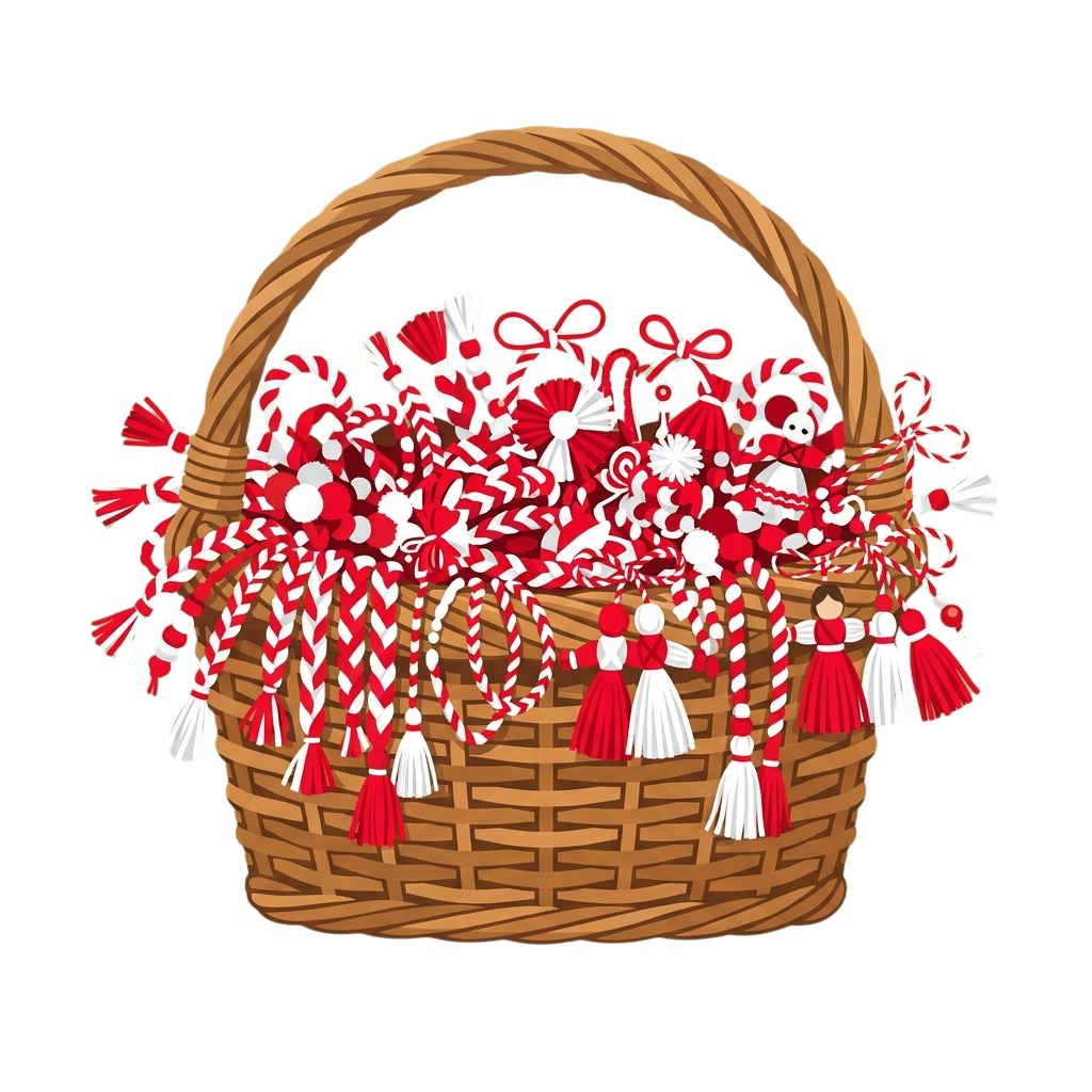 A brown wicker basket overflowing with red and white tassels and ornaments