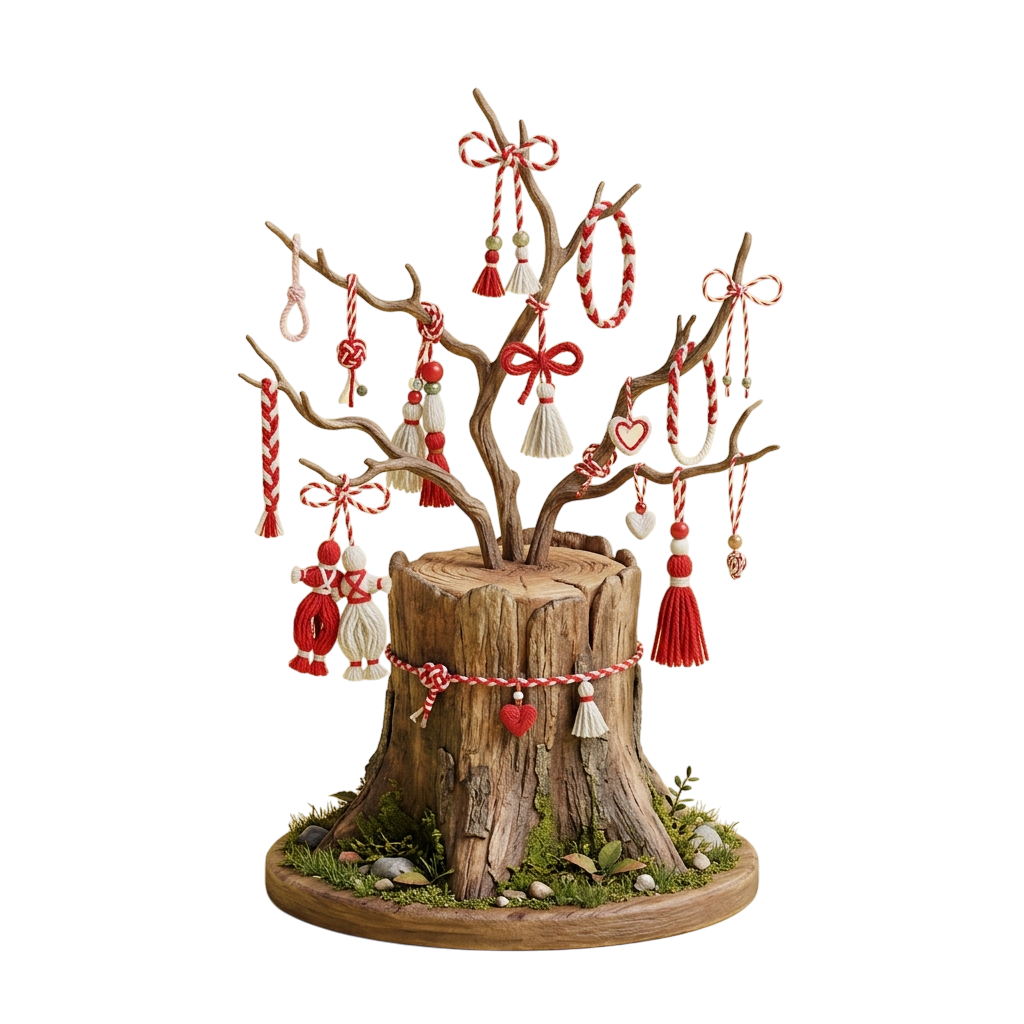 A tree stump decorated with red and white tassels and hearts