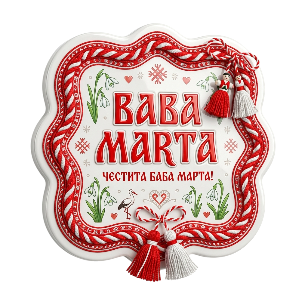 A white plate with red border and text in a foreign language featuring two small dolls
