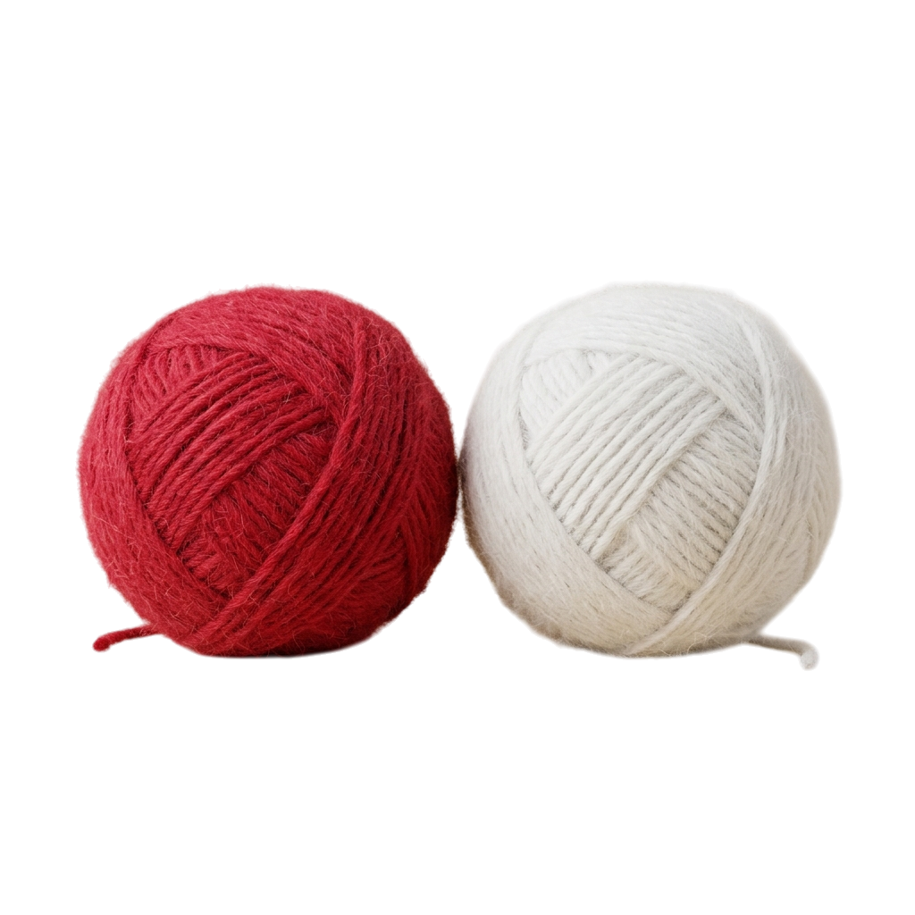 Two balls of yarn, one red and one white