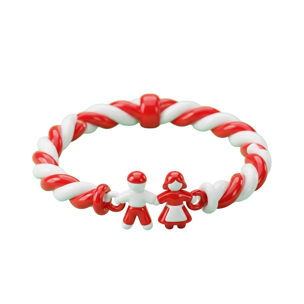 Red and white twisted bracelet with small couple figurine