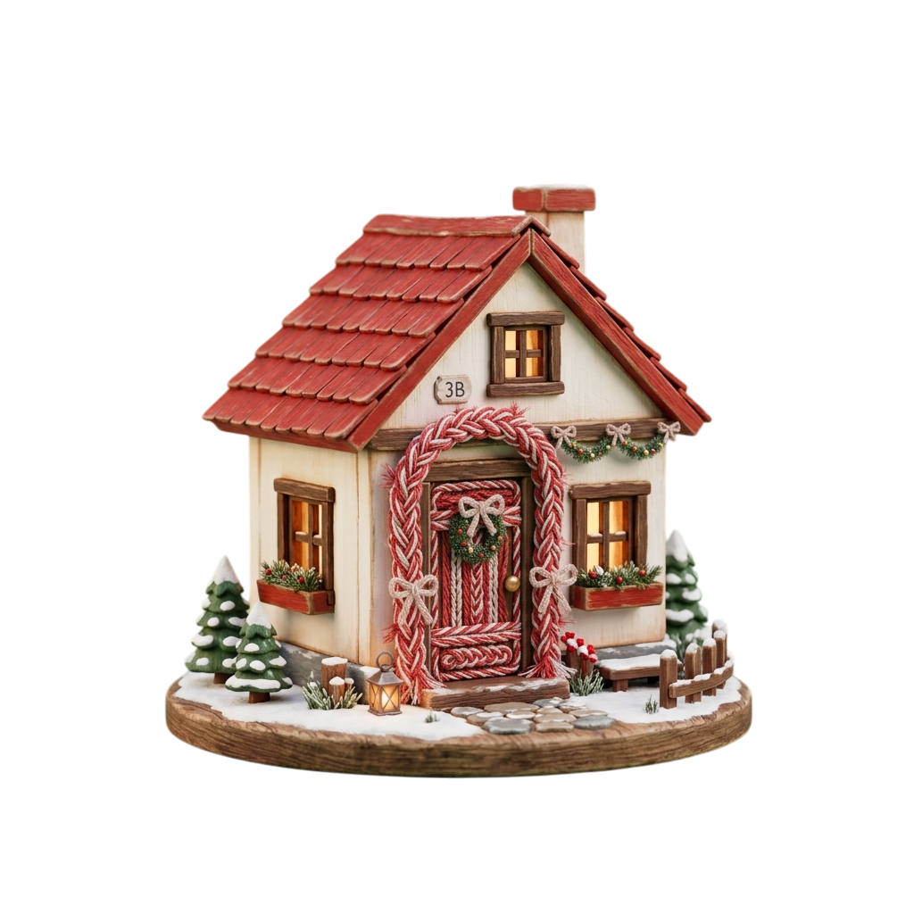 A small white house with red roof and candy cane door frame
